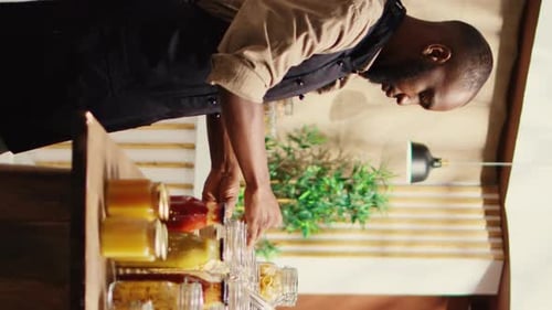 Vertical Video African American Farmer Opening Local Zero Waste Store