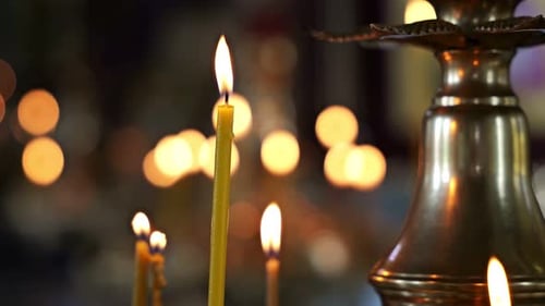 Old Architectural Church Candle Cathedral Large Gold Candlestick in an Orthodox Church Macro View of