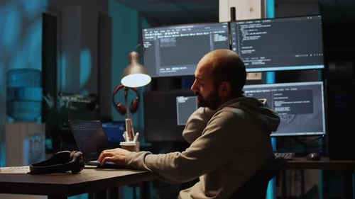 Man Coding Late Night in Dark Office