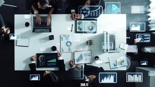 Top view of team analyze graph with financial statistic chart. Directorate.