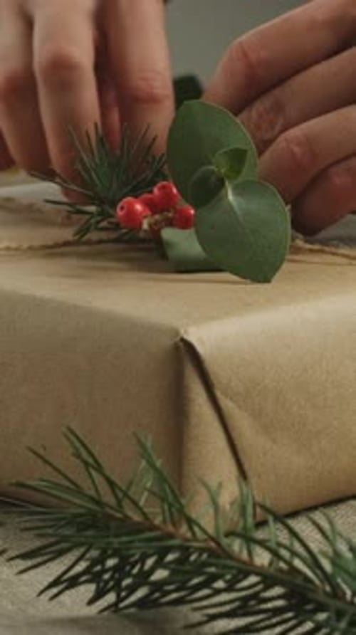 Vertical Christmas Background Hands Decorating Christmas Present