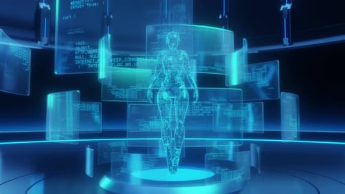 Futuristic AI Human Hologram with Digital Data Interface