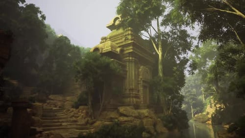 Serene Forest Sanctuary Peaceful Entrance Enveloped in Vinecovered Stone