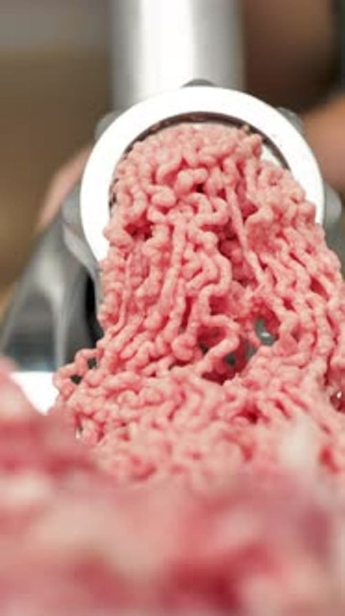vertical screen: red fresh minced meat pouring out of meat grinder close-up. Using electric meat gri
