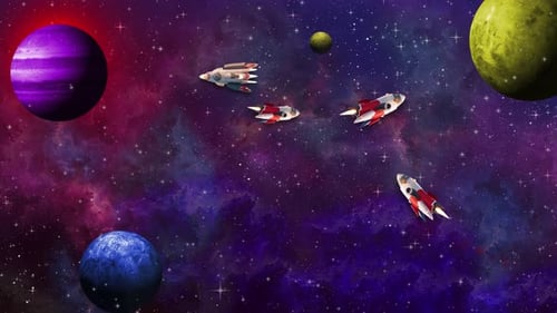 Animation de dessin animé d'une fusée volant dans l'espace extra-atmosphérique, animation de dessin animé 2D d'une fusée volant dans l'espace.
R