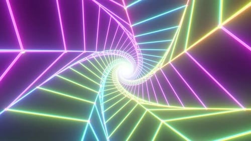Rainbow Twisted Star Shape Wireframe 3D Neon Glowing Endless Tunnel - 4K