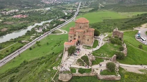 Aerial View of Ancient Fortress and Church in Georgia