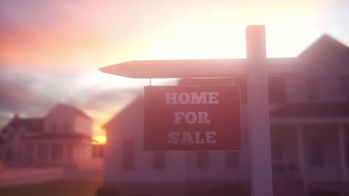 Home for Sale real estate sign and beautiful new house with sunshine