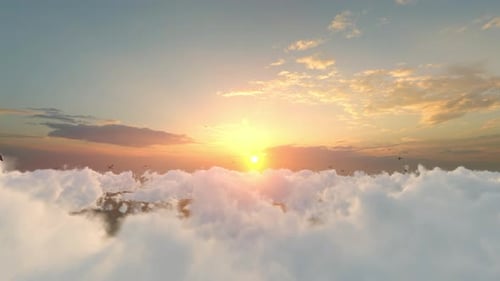 Golden Sunrise Above Clouds with Birds Flying Seamless Loop