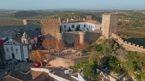 Beautiful Medieval Castle Courtyard with Stone Walls Drone Scenic Architecture