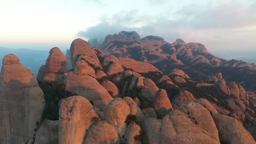 Aerial views of Montserrat peaks, a mountain range in Catalonia. Unique Montserrat mountains