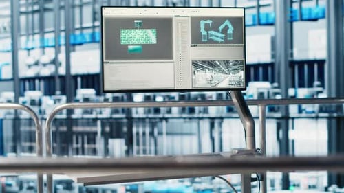 Monitor mit Anzeige industrieller Automatisierungssoftware mit Blick auf Smart Factory