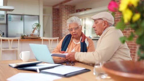 Home, budget and senior couple with laptop, paperwork and financial planning for retirement policy