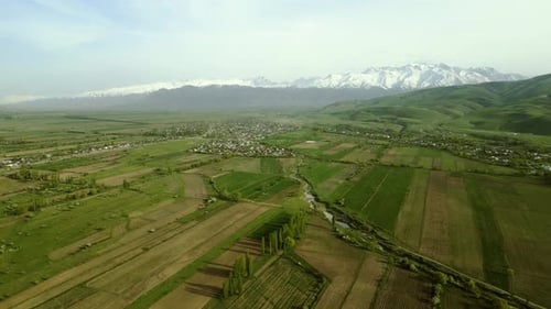 Aerial view of fields during spring