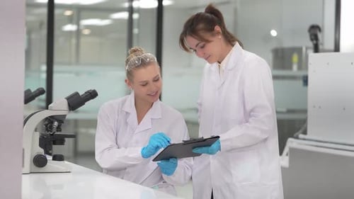 Two young women scientists collaborating in laboratory