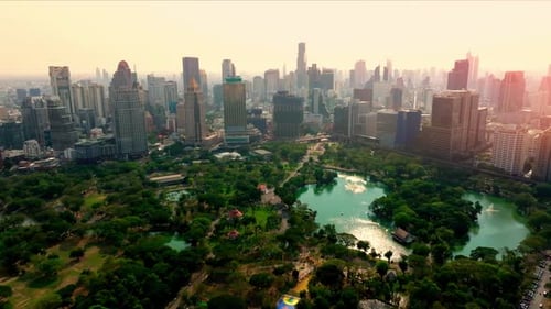 Bangkok, aerial skyline over Lumpini park.
