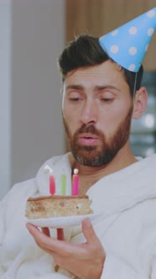 Man Blows Candles Tired Worker Quietly Blows Out Candles During Solitary Birthday Morning