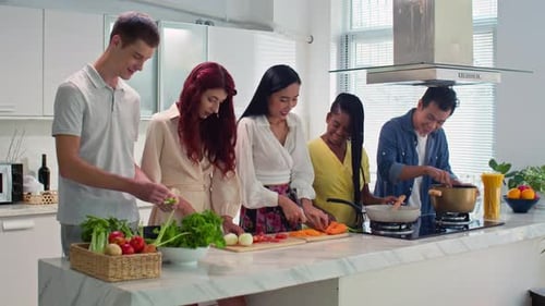 Friends Cooking Together in Bright Modern Kitchen