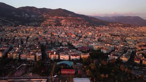 Awesome aerial view of Alanya in Turkey an sunset
