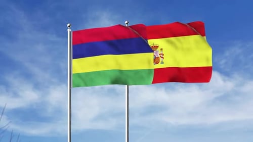 Mauritius and Spain Flags Waving in Blue Sky