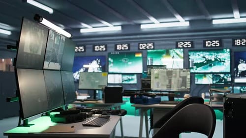 Panning Shot of Empty Military Base with Radar Systems Tracking Enemy