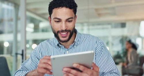 Happy, tablet and businessman in office with research for finance report with budget planning