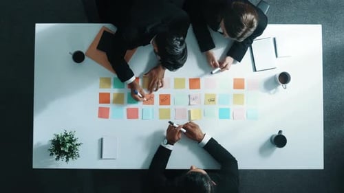 Top view of professional business team planning marketing strategy. Directorate.