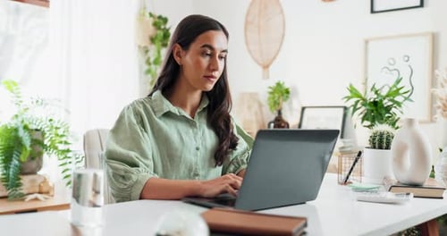 Remote work, laptop and business woman typing report, email or creative story in home office