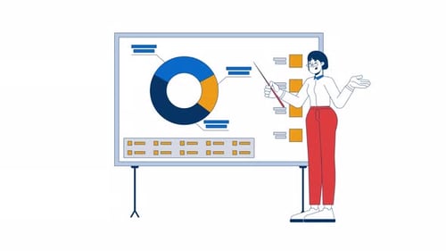 Asian woman manager pointing on pie chart presentation board 2D character animation