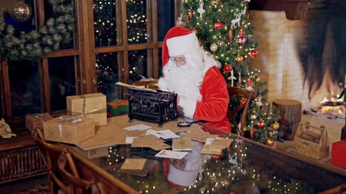 Santa Claus Typing on Typewriter in Cozy Room