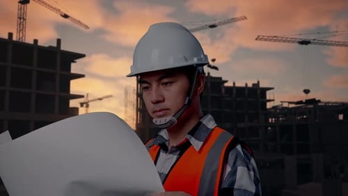 Close Up Side View Of Asian Male Engineer Looking At Blueprint In His Hands At Building Site