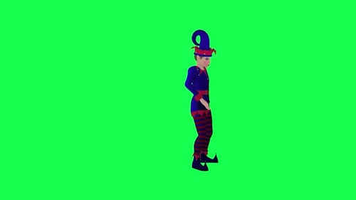 duende de dibujos animados en 3D con vestido azul y rojo bailando desde el ángulo izquierdo en la pantalla verde