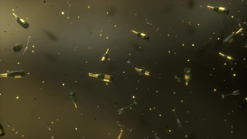 Happy New Year background animation,loop.Rain of bottles,champagne glasses and confetti falling