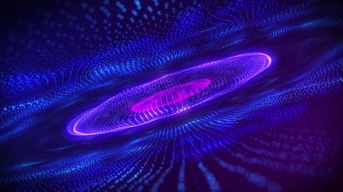 Abstract background with wavy shape particles, digital purple and blue waves. Seamless looping