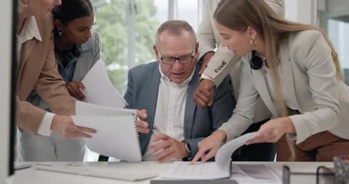 Anxiety, stress or businessman signing documents, corporate crisis or management chaos in office