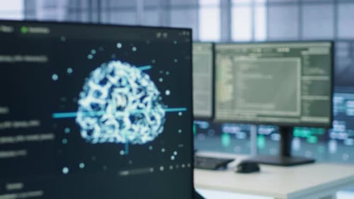 Close Up of Programming Language on PC Displays in AI Server Farm