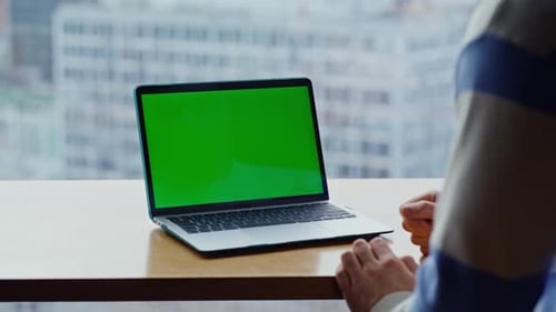 Finger Tapping Chromakey Computer Touchpad Working at Corporate Agency Closeup