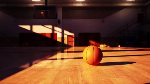 Basketball on Court with Golden Sunlight