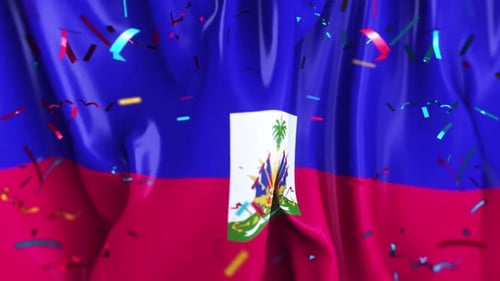 Haiti Flag Waving with Falling Confetti Celebration Background