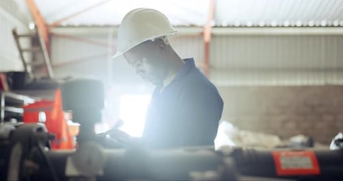 Tablet, manufacturing and equipment with a black man engineer in a factory for inspection