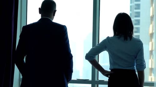 Businesspeople admire city skyline from office window together on break