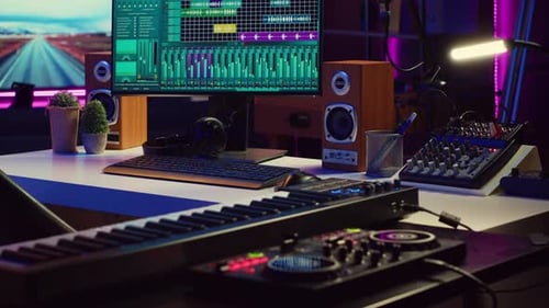 Music Production Workspace with Keyboard and Computer