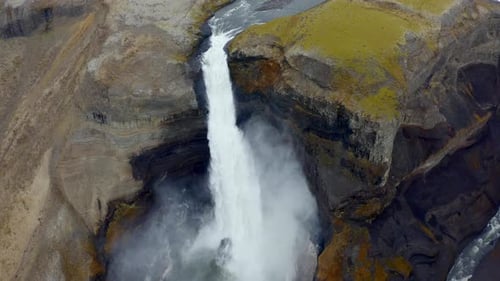 Aerial Over Majestic Haifoss Waterfall. Spectacular Scenery of Iceland