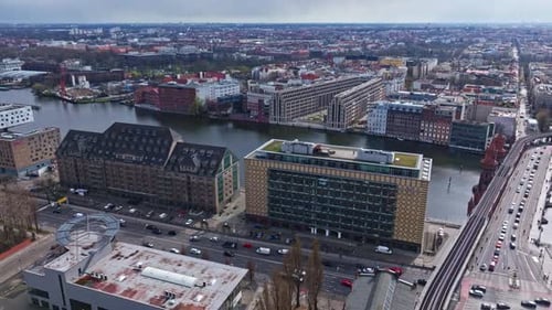 Aerial view of buildings on the bank of spree river , Berlin