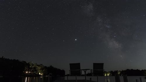 Starry Night Milkway Over a Lake with Two Chairs on a Dock, Timelapse