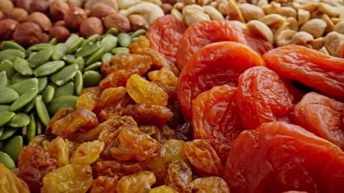 Healthy Food Concept Assortment of Various Nuts and Fruits Snacks Closeup