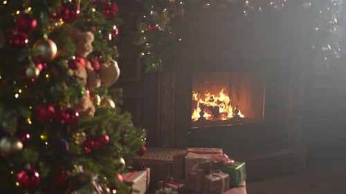 Classical Christmas Decorated Interior Living Room Library with Fireplace Christmas Tree with Red