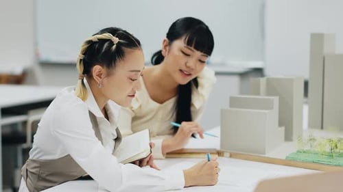 Women, students and architecture with blueprint for floor plan ideas, drawing support