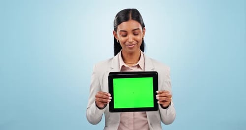 Business woman, green screen and tablet for advertising space, sign up offer