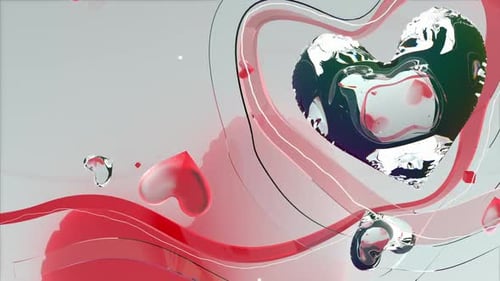 Fluid Glossy Hearts with Red Ribbons Abstract Background
